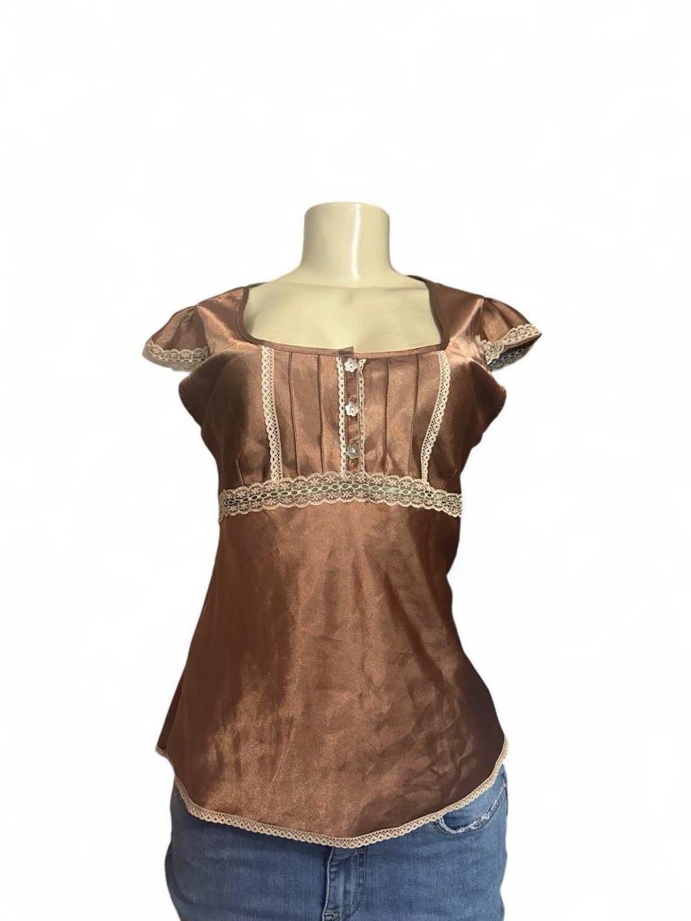BONGO Brown  Lace-Trim Square Neck Blouse